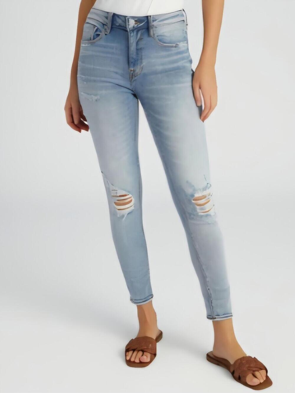 Light Wash Straight Leg Women’s Jeans with Distressed Knees